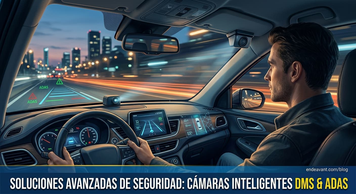 Cámara inteligente DMS y ADAS instalada en cabina de vehículo detectando fatiga y distracción del conductor