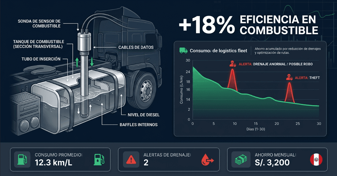 Control de combustible — sensor, gráficos de consumo y detección de robo
